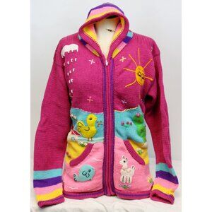 Peruvian Womens Lg Cardigan Sweater Whimsical Applique Fun Hoodie Animals Long